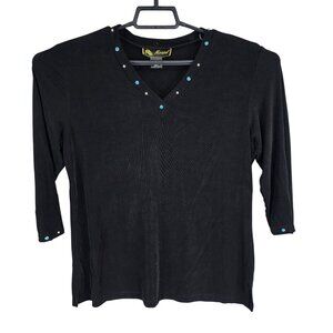 Womens Black Mirasol Blouse Top Beaded V Neck 3/4 Sleeve Acetate Stretch Size L